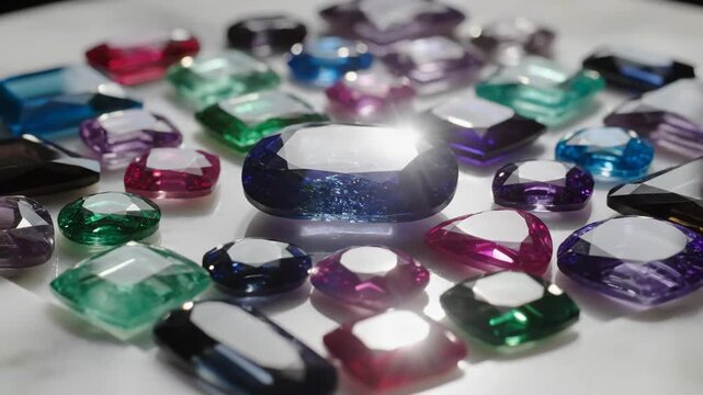 Various colorful gemstones arranged on a surface, reflecting light beautifully, showcasing diverse cuts