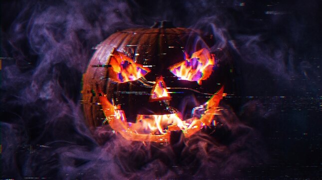 Scary Halloween jack o lantern pumpkin with digital glitch effect on smoky dark background. Spooky glowing face with orange light and neon distortions for horror design and banner.