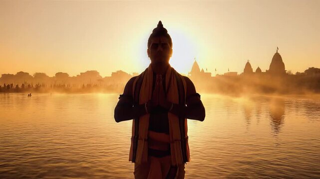Devshayani Ekadashi silhouette of a man praying at sunrise by the holy river