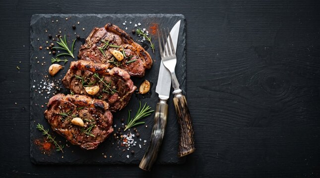 Grilled lamb chops with roasted garlic and rosemary on stone slate board. Premium meat dish for restaurant menu or food delivery service. Moody gourmet photography.