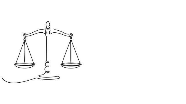 Continuous line drawing of scales of justice and judge's gavel, symbolizing justice, equality and business ethics, editable line art vector illustration.