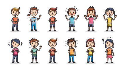 Fototapeta premium Expressive Little Humans: A collection of charming cartoon characters, each with a unique emotion and expression, offering a glimpse into a world of diverse feelings and personalities. 