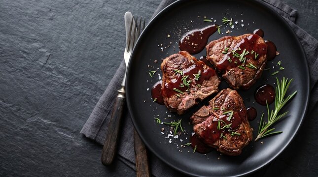 Roasted lamb chops with red wine sauce and rosemary on black plate. Elegant meat entree for fine dining concept or catering advertising. Dark moody food photography style.