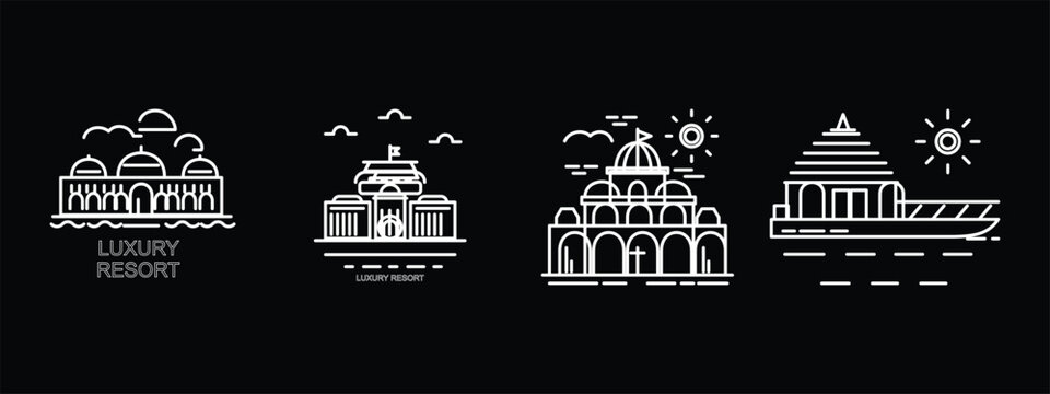 Luxury resort and travel line art icons set. Luxury government building icons with flags and sun symbols