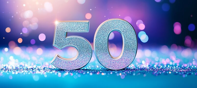 Sparkling Silver Number Fifty on Turquoise Blue Glitter Background. Abstract Celebration Artwork.