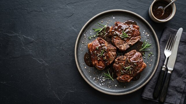Grilled lamb chops with rosemary and balsamic glaze on dark stone background. Gourmet dinner plate with roasted meat and savory sauce. Top view of elegant restaurant meal.