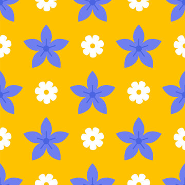 Bright spring floral pattern featuring blue flowers and white daisies on a vibrant yellow background