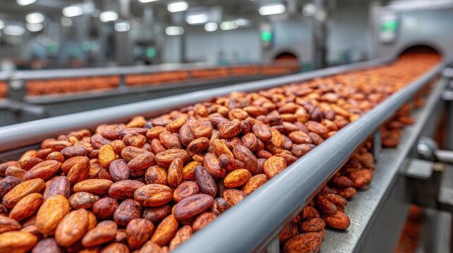 Industrial Chocolate Factory Production Line with Freshly Processed Cocoa Beans on Conveyor Belt