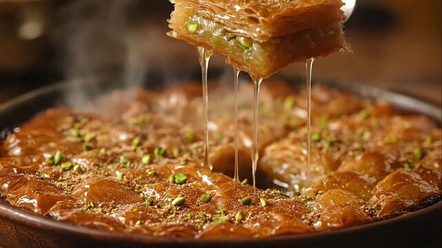 Fork digging into a steaming plate of hot kunafa topped with pistachios