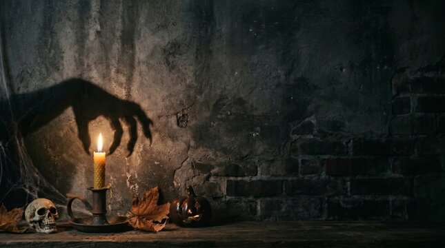 Halloween still life with burning candle and creepy monster hand shadow on old brick wall. Skull, pumpkin and autumn leaves in dark moody interior for horror concept and promotion.