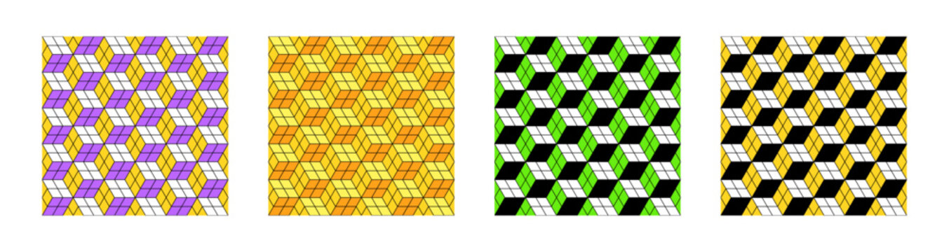 Geometric shapes made of cubes are arranged neatly in a grid format