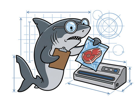 Anthropomorphic shark wearing glasses holding clipboard and vacuum sealer machine with meat steak in plastic bag with blueprints.
