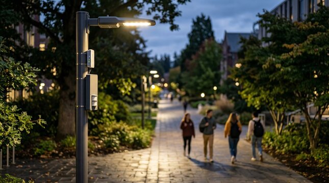 Smart street light with sensor on pole in university campus park at evening. Group of student walking on path. Intelligent lighting for urban infrastructure and public safety concept.