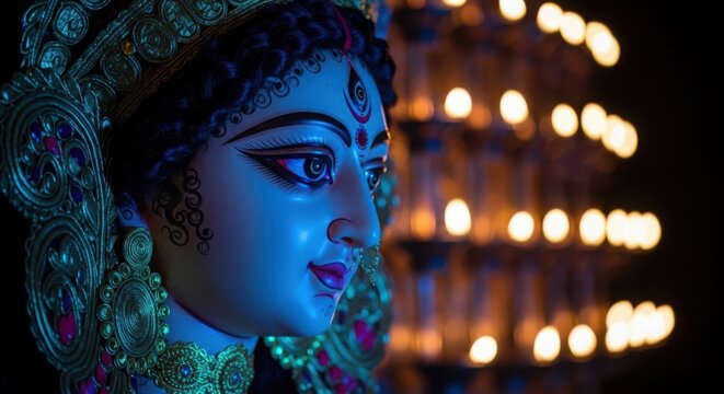 Close up portrait of goddess durga idol with beautiful blue lighting and traditional jewelry for puja festival.