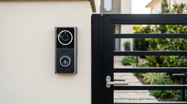 Smart video doorbell mounted on wall by entrance gate. Modern electronic security system for home protection and remote surveillance. Wireless digital doorbell equipment for house safety.