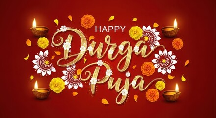 Naklejka premium Beautiful happy durga puja greeting card design with oil lamps diya and marigold flowers on festive dark background.