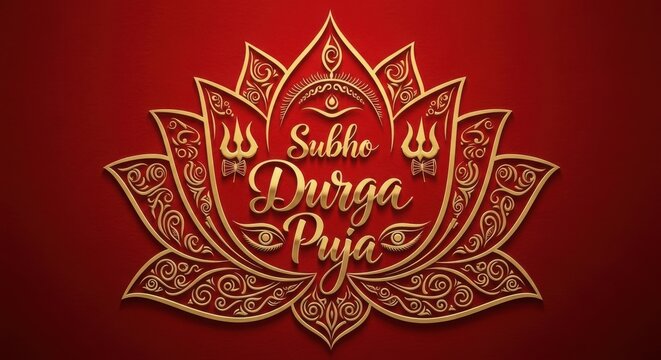 Subho durga puja greeting design with golden lotus frame and trident symbol on rich red textured background art.