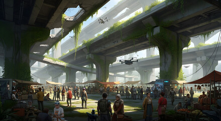 Obraz premium Bustling futuristic street market located under overgrown concrete highway overpasses