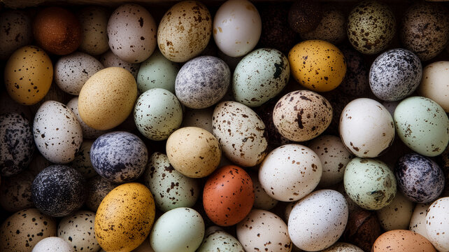 Top view of various colorful speckled bird eggs, organic natural egg pattern in blue, green and brown for Easter and nature concept.