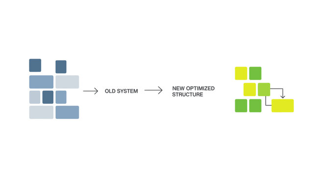 Business process optimization, workflow streamlining, system upgrade, efficiency improvement icons