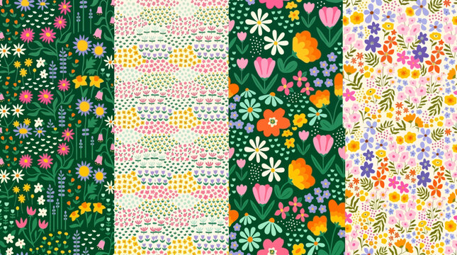 Four vibrant floral pattern designs featuring hand-drawn spring wildflowers, tulips, and daisies on green and white backgrounds.