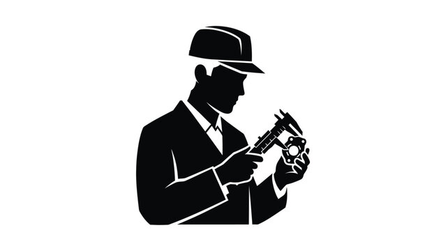 Silhouette of an engineer measuring a mechanical component with calipers.