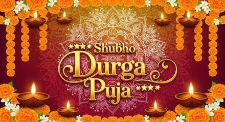 Naklejka premium Shubho durga puja festive background with traditional marigold flowers and glowing oil lamps for religious event.