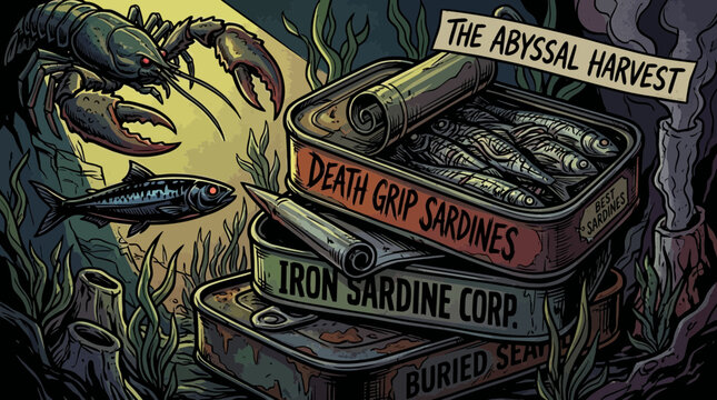 Dark comic book illustration of deep sea sardines titled "The Abyssal Harvest" with giant lobster and eerie fish.