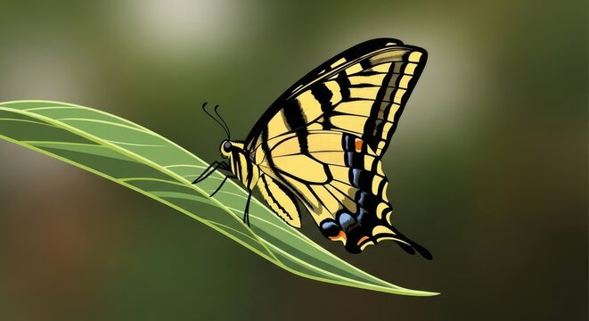 Eastern Tiger Swallowtail Butterfly Perched on Green Leaf.