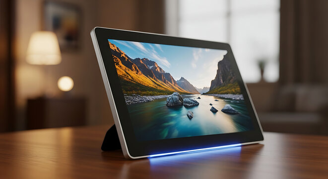 Tablet on a wooden table with a scenic wallpaper with outdoor scenery