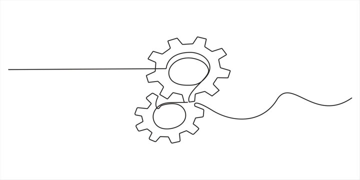 Simple continuous one line drawing of three interlocking gears or cogs. Minimalist technology, process, and engineering vector illustration. Continuous one single line drawing innovation Light bulb an