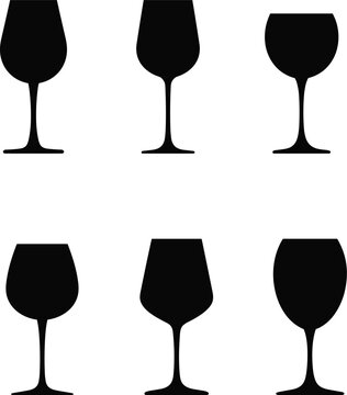 Six Black Silhouettes of Wine Glasses in Two Rows on White Background glassware stemware