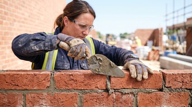 Woman bricklayer using trowel to apply mortar on brick wall. Professional construction worker building house at site. Skillful manual labor, architecture and renovation project concept.