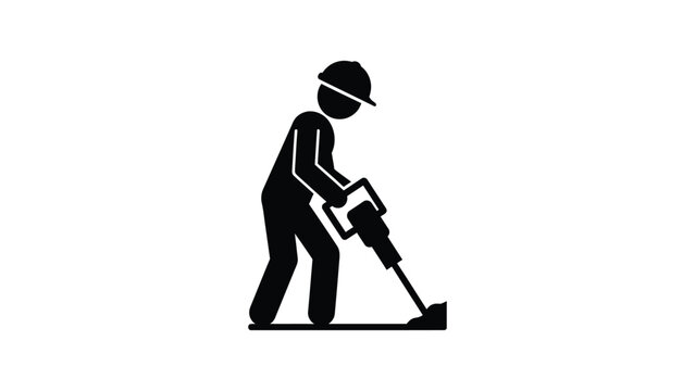 Black silhouette icon of a construction worker using a jackhammer for demolition work.
