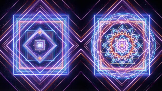Sri yantra and sacred geometry symbols illuminating a path of light showing spiritual concepts and symmetry.