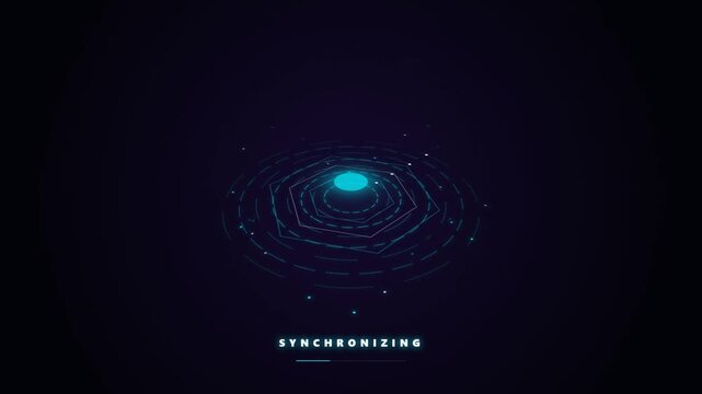 Dark Futuristic Synchronizing Animation with Glowing Purple Octagonal Tunnel on Dark Background