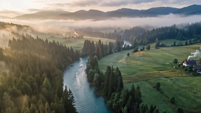 Aerial sunrise above misty pine forest valley, golden fog over mountains, peaceful countryside fields, cinematic morning atmosphere, 4K video