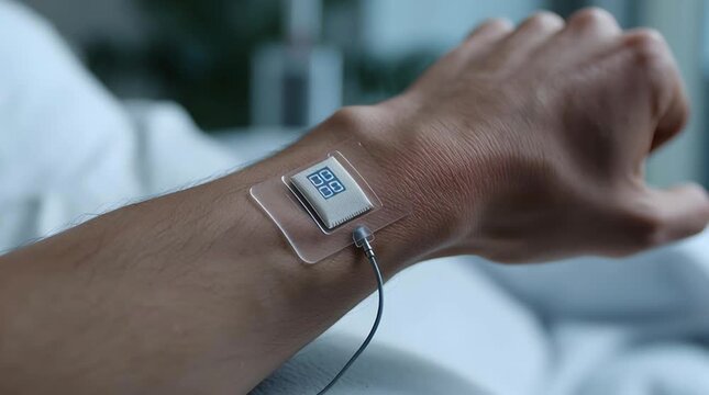 Medical sensor on wrist and arm wearable device for patient monitoring in hospital bed clinical health technology wireless sensor skin patch remote care research room digital device