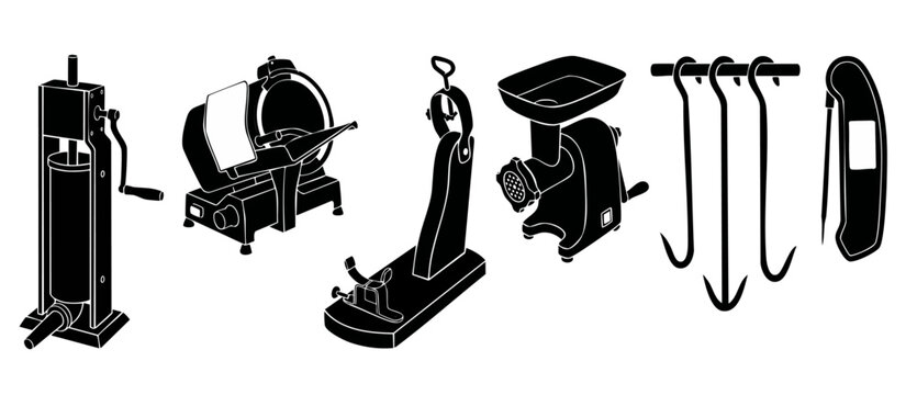 Butcher equipment icon set, meat processing tools and professional kitchen appliances for sausage making, food preparation, deli slicing, and butchery business supplies in minimalist black silhouette