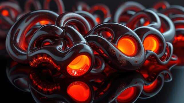 Abstract glowing forms, dark metallic texture, reflective surface. Complex interwoven shapes create intriguing visual impact.