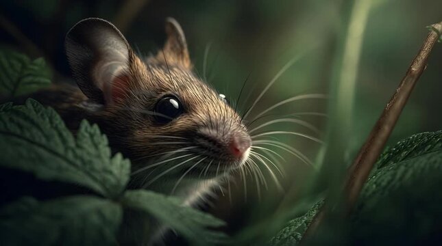 Mouse closeup animal mammal rodent whisker face fur leaf forest green grass, small rodent dark foliage, wild animal portrait with soft light, natural habitat, alert expression, ear, eye, nose, blur