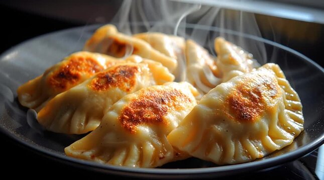 Pan fried dumpling on black plate with steam, golden crust, soft filling, close up hot savory food, handmade pastry, Asian food snack plate