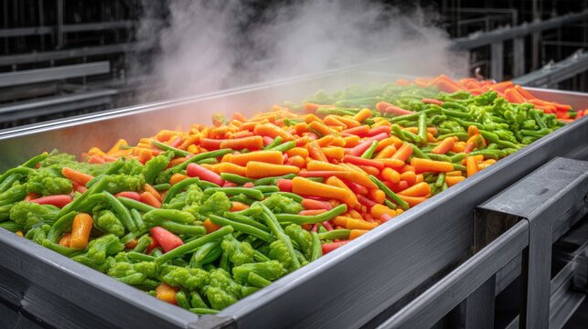 Freshly Blanched Mixed Vegetables in Industrial Kitchen Steamer with Steam Rising and Vibrant Colors