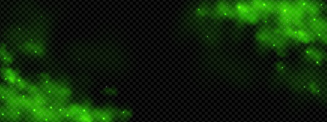 Green smoke and magic cloud background. Halloween poison smell effect with sparkle and neon glow bg. Bright stink scent for fairy or miracle smoky horror. Sorcery fog portal shine for danger spread © Mariia
