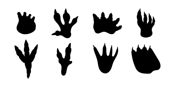 Dinosaur Footprint Black Silhouette Set. Dino Dragon Print Foot Paw Bundle. Dinosaur Footprint Track Kit. Doodle Vector Illustration