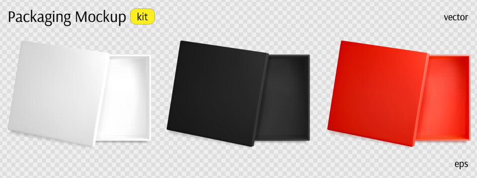 White top view paper box mockup. Presentation for open sweet product gift pakage mock up. Red and black opened cube empty present for makeup with branding space on carton lid above luxury vector