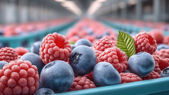 Fresh and Juicy Raspberries and Blueberries Gathered in a Large Production Facility for Healthy Snack Options