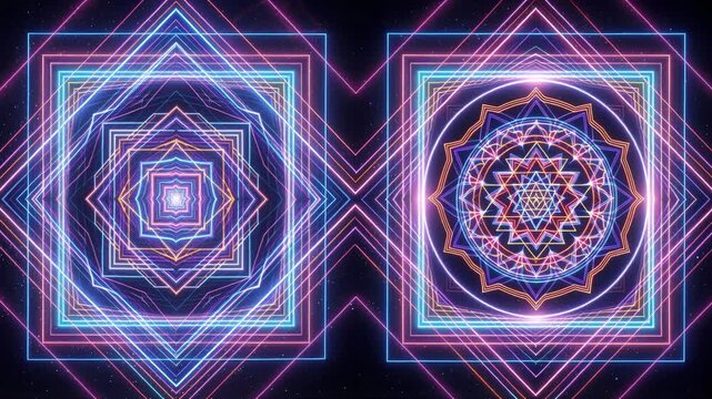 Sri yantra sacred geometry with glowing neon lines creating a mesmerizing fractal pattern and spiritual symmetry.