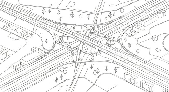 Aerial view of a complex highway interchange with multiple lanes and overpasses.