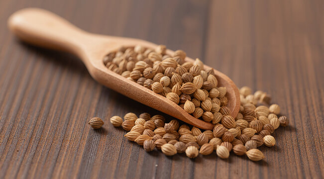 Raw coriander seeds in a wooden spoon placed on rustic wooden background, organic dhania seeds close-up, healthy spice ingredient, natural food texture